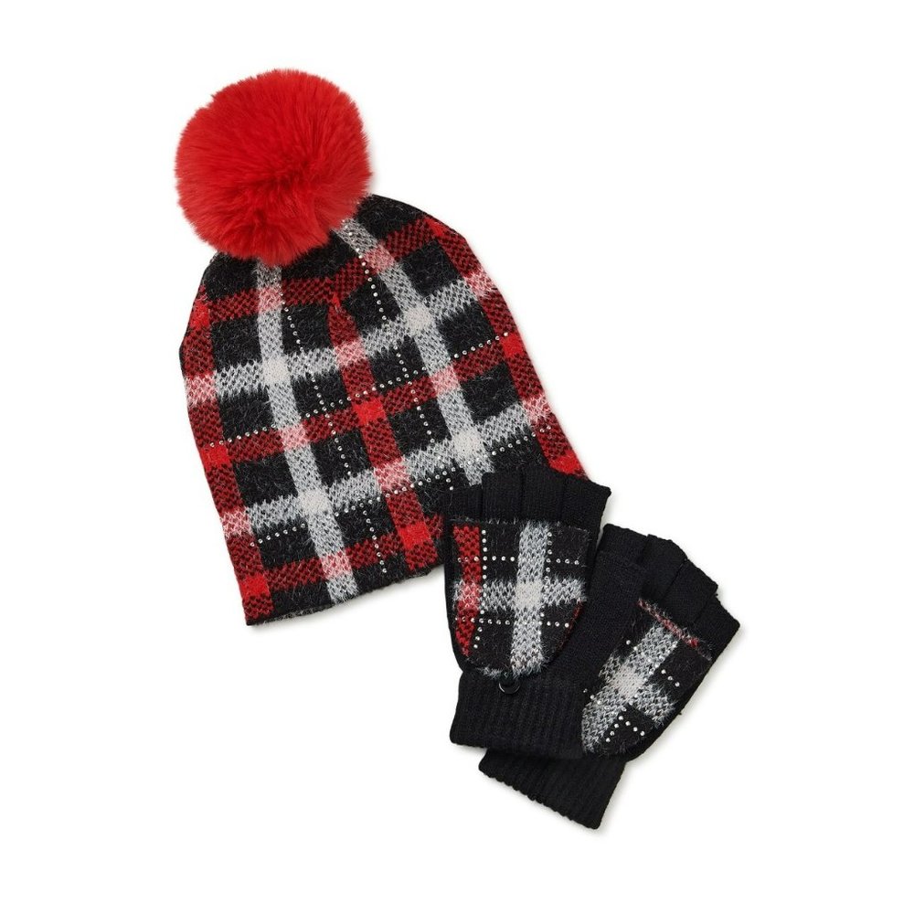 Holiday Time Women's Red Black Plaid Pom Pom Hat & Convertible Finger Gloves Set
